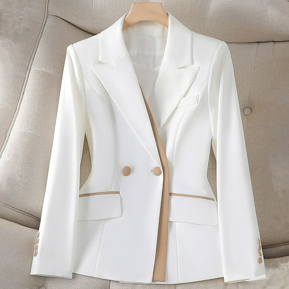 PiGOGI Ladies Long Sleeve Lapel Button Down Blazer Jacket for Work office Professional Attire White XL