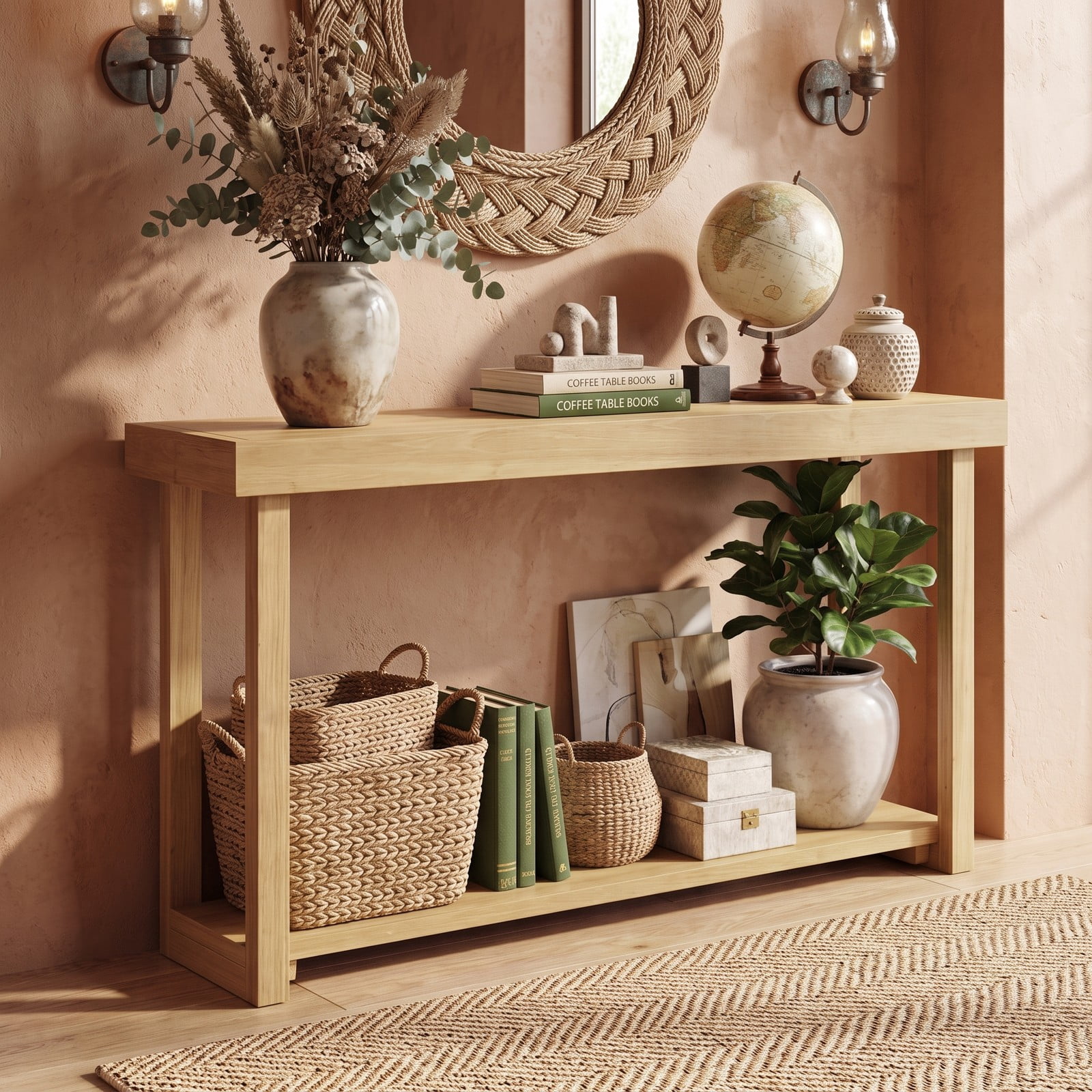 Furnibear 46 Inch Solid Wood Console Table 2-Tier Narrow Farmhouse Sofa Table with Storage Shelf for Living Room, Natural