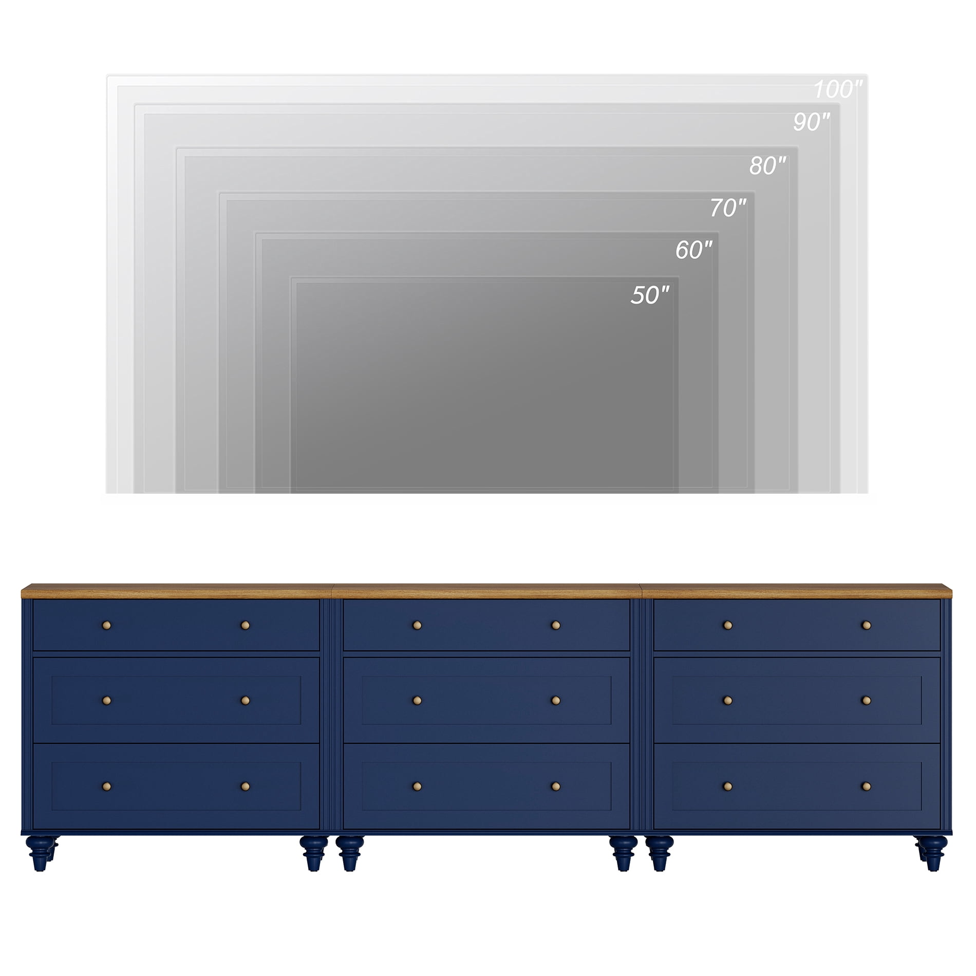 TV Stand for 100 Inch TV, Kitchen Buffet Sideboard with 9 Drawers, TV Cabinet for Living Room and Dining Room, Navy Blue