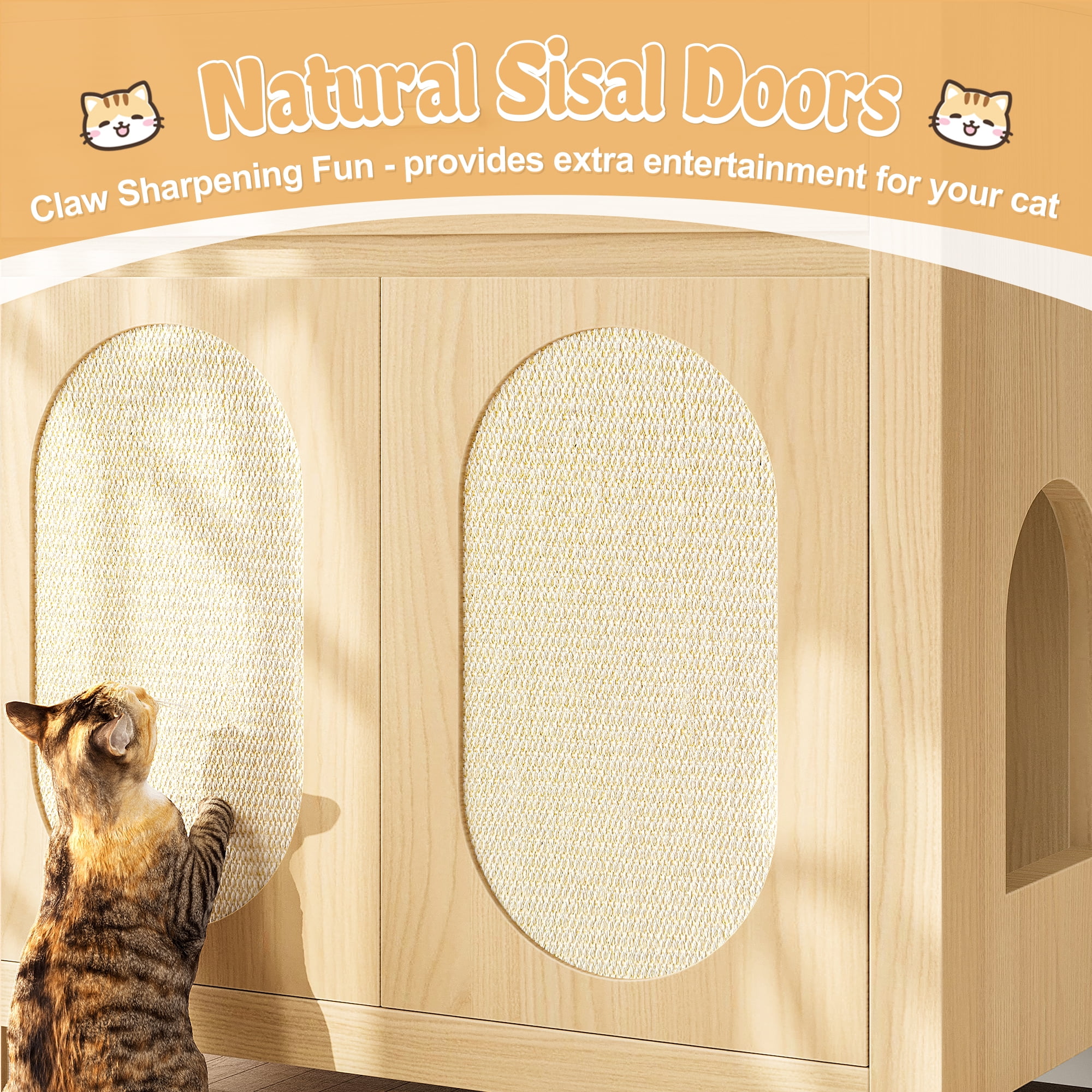 UPLLX Hidden Wooden Litter Box Furniture with Scratching Doors, Natural