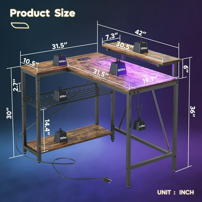 RSPGAME 42 Inch L-Shaped Gaming Desk with LED Lights photo 5