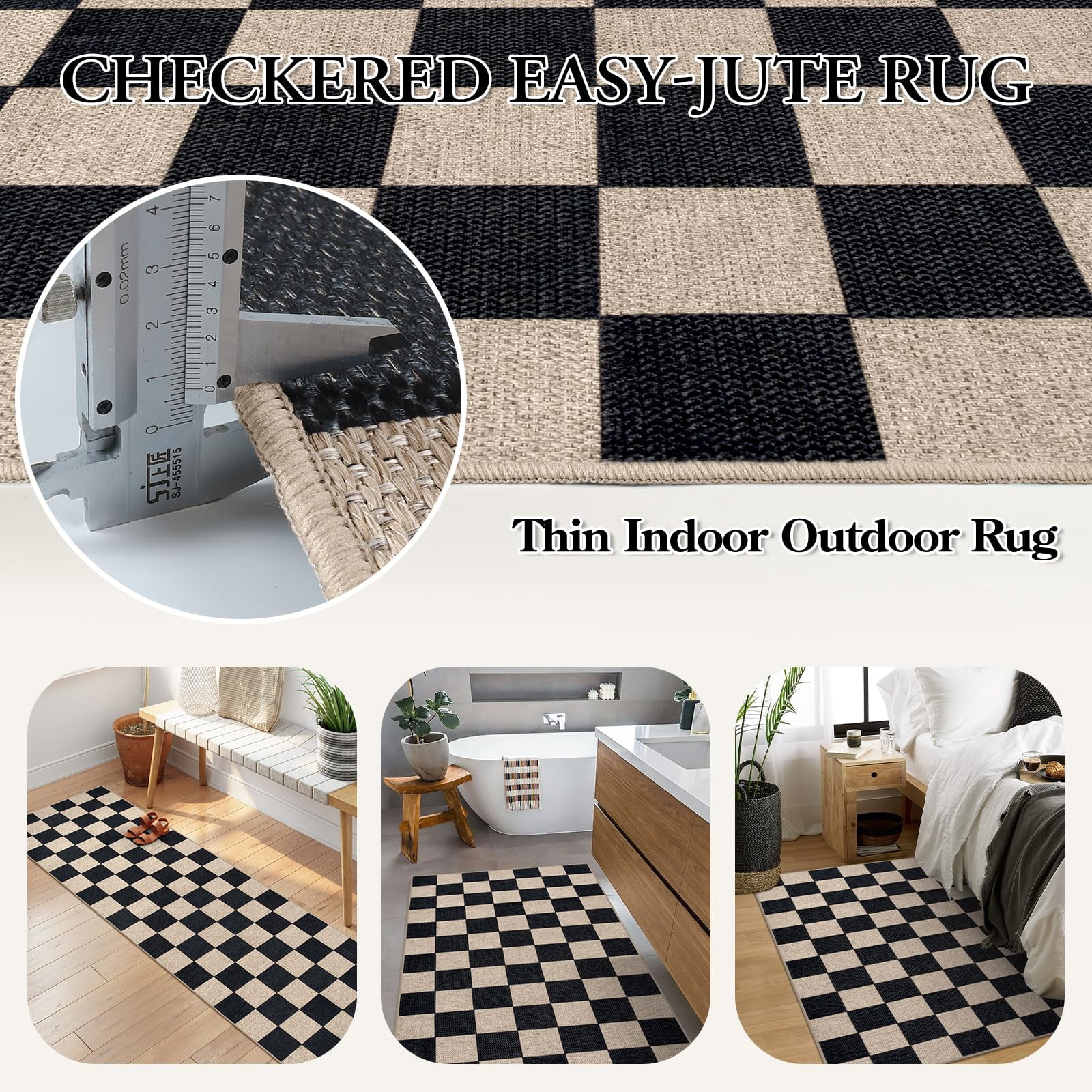 Lahome 5'x7' Checkered Easy Jute Area Rug,Outdoor Patio Rug Washable Rugs for Entryway Checkerboard Indoor Outdoor Living Room Classroom Rugs,Farmhouse Neutral Non Slip Black Carpet for Bedroom