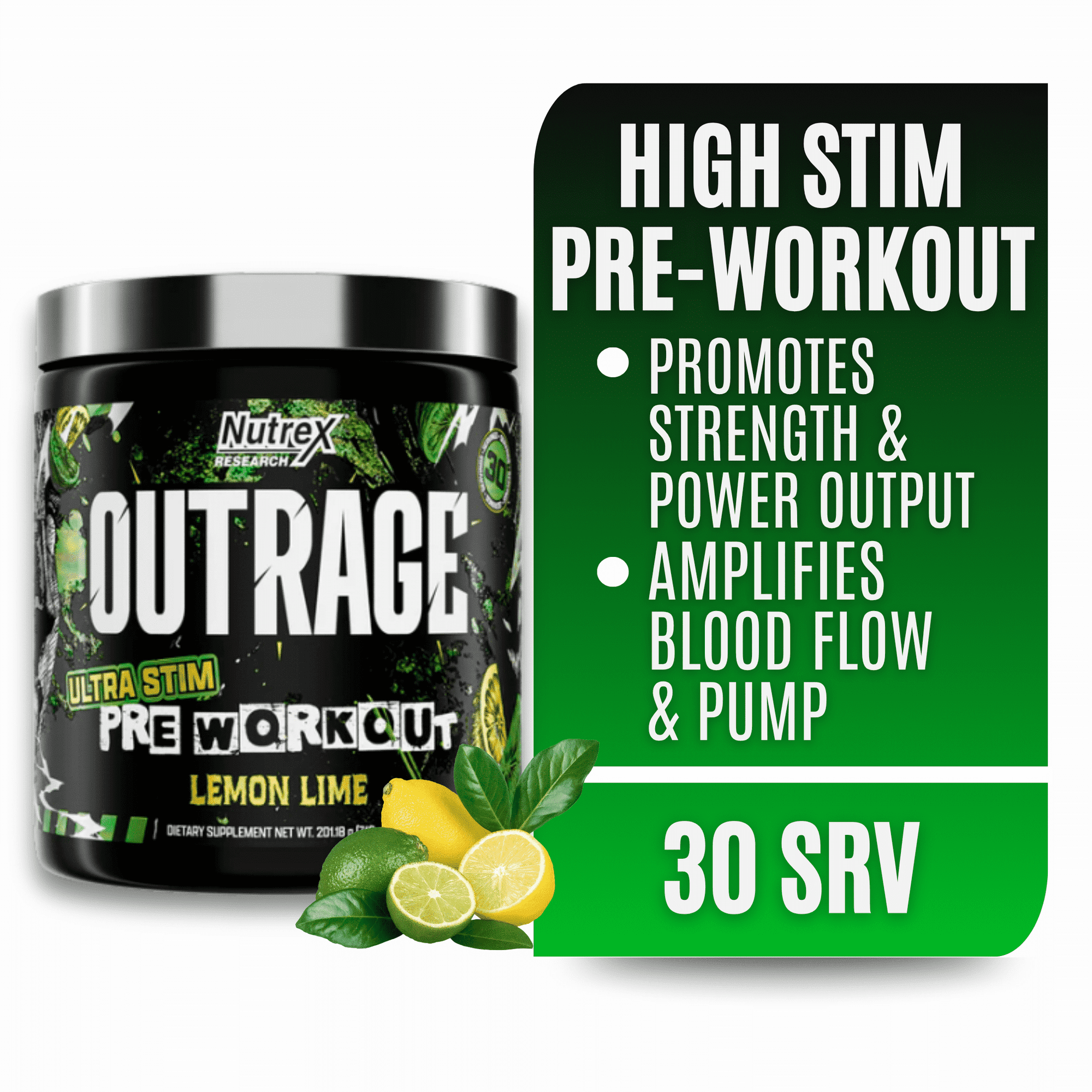 Nutrex Research OUTRAGE Lemon Lime High Intensity Pre Workout Powder 30 Servings