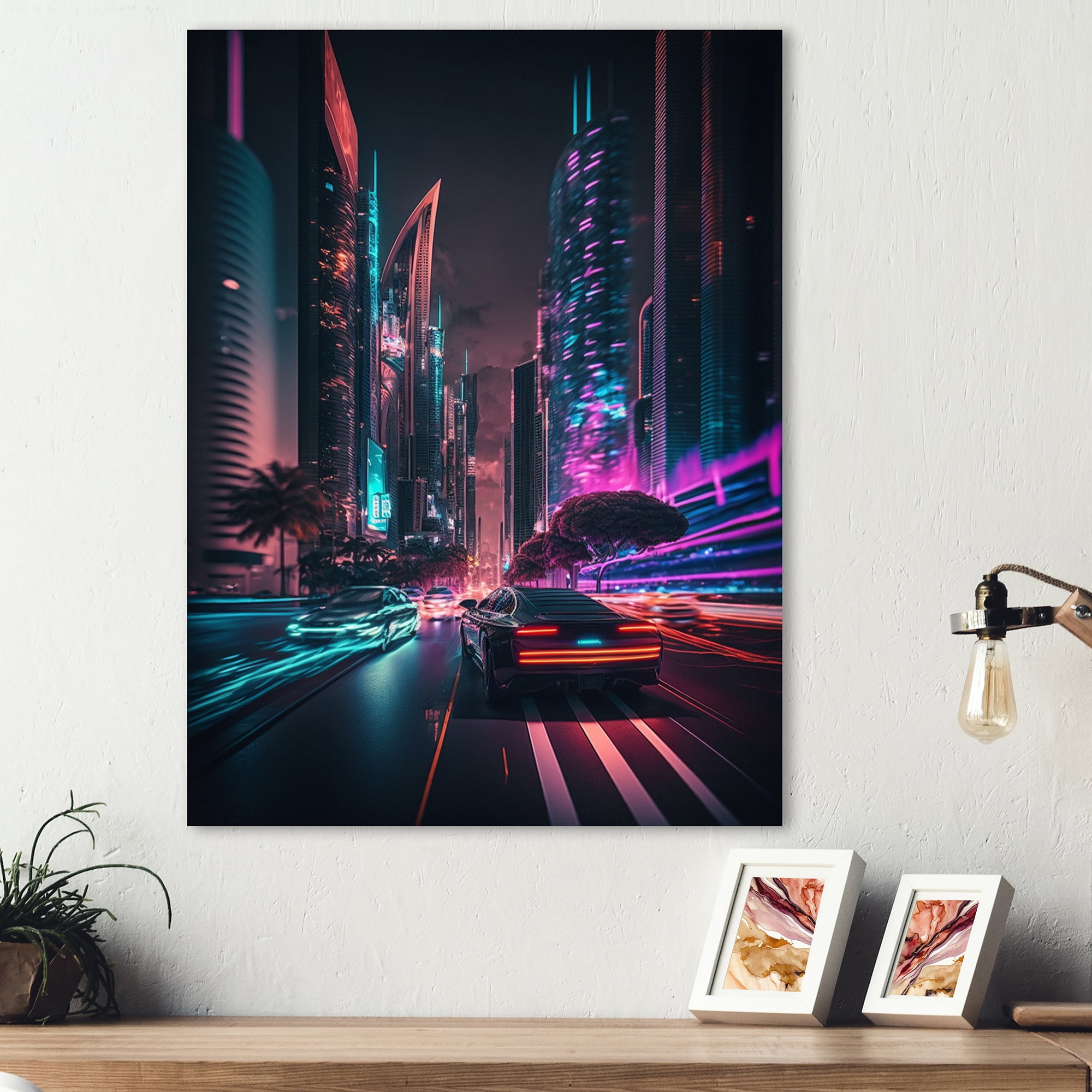 Designart Futuristic Miami Neon Art II Canvas Wall Art