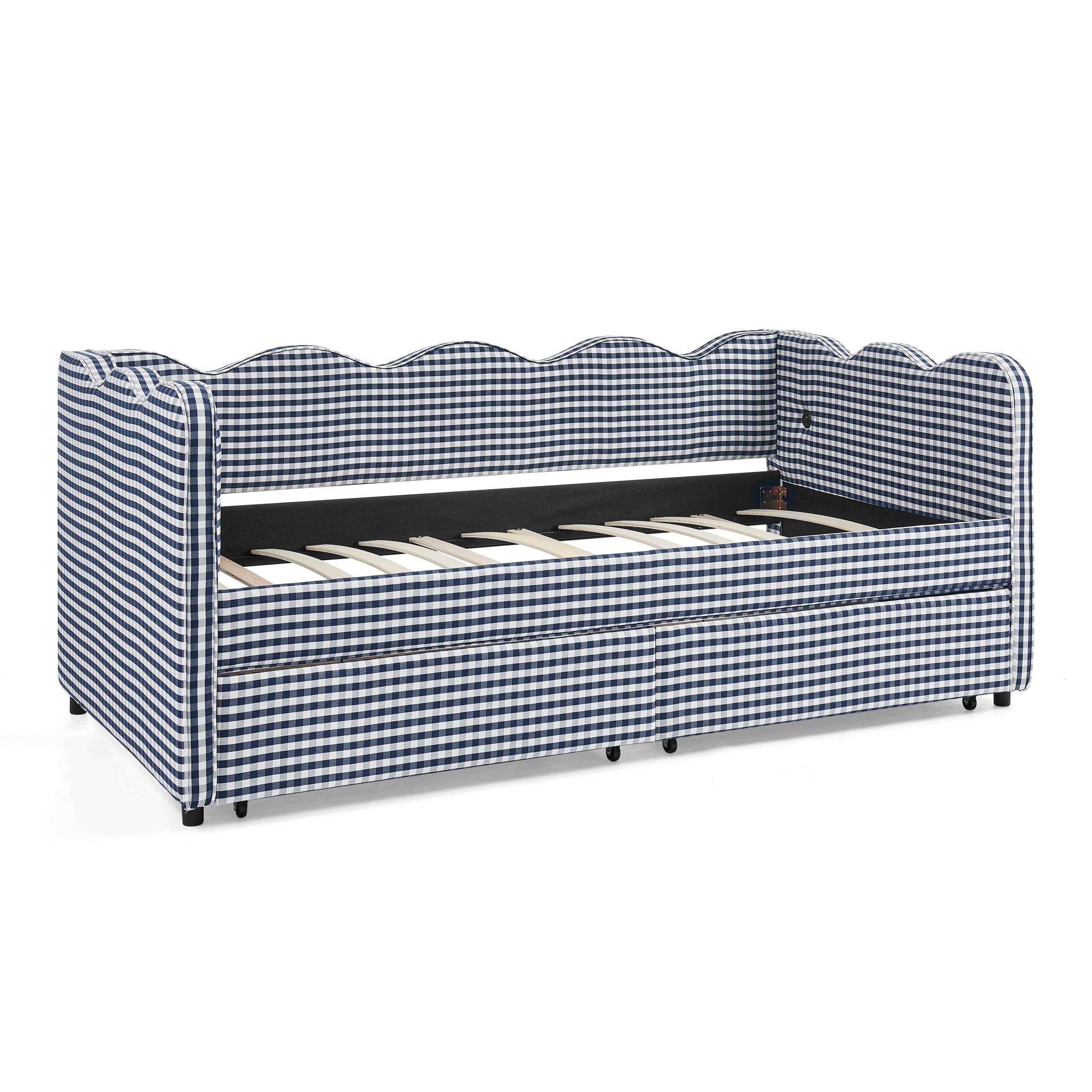 GARITIN Twin Size Daybed with 2 Storage Drawers, Gingham Sofa Bed with USB Port and Wavy Headboard for Kids Room, Navy