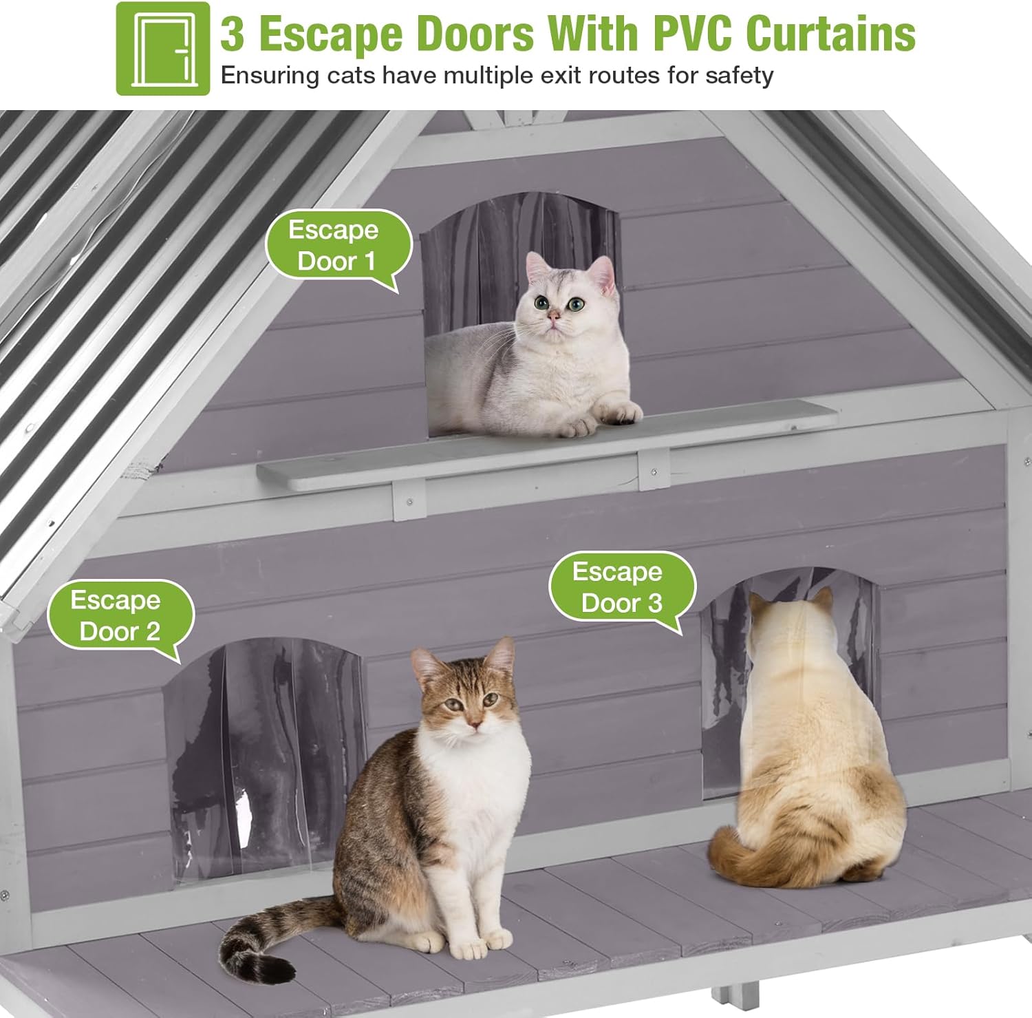 MEDEHOO Outdoor Cat House Weatherproof Feral Cat Shelter for Multiple Cats, 2-Story Independent Design with Escape-Friendly Doors and Spacious Porch