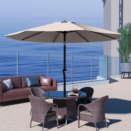 Condition photo showing New/Like New for justlet 9ft outdoor market patio umbrella with 8 reinforced steel ribs crank lift push button tilt uv-resistant windproof & waterproof – beige