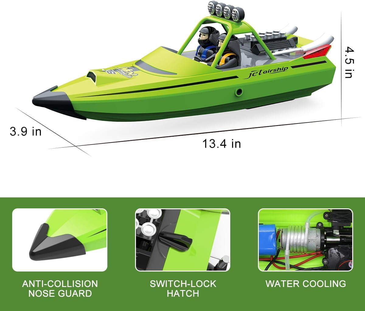 RC Jet Boat – Funtogether Toys Toy Jet Ski with Remote Control, 2.4GHz, LED Lights, 20MPH Fast Racing, 2 Rechargeable Batteries, Green