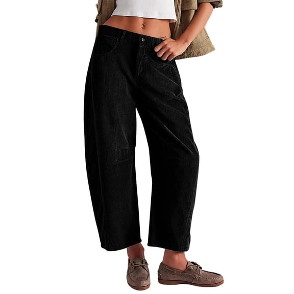 Women's Corduroy Pants Barrel Mid Elastic Waist Pants Casual Wide Leg Baggy Trouser With Pockets