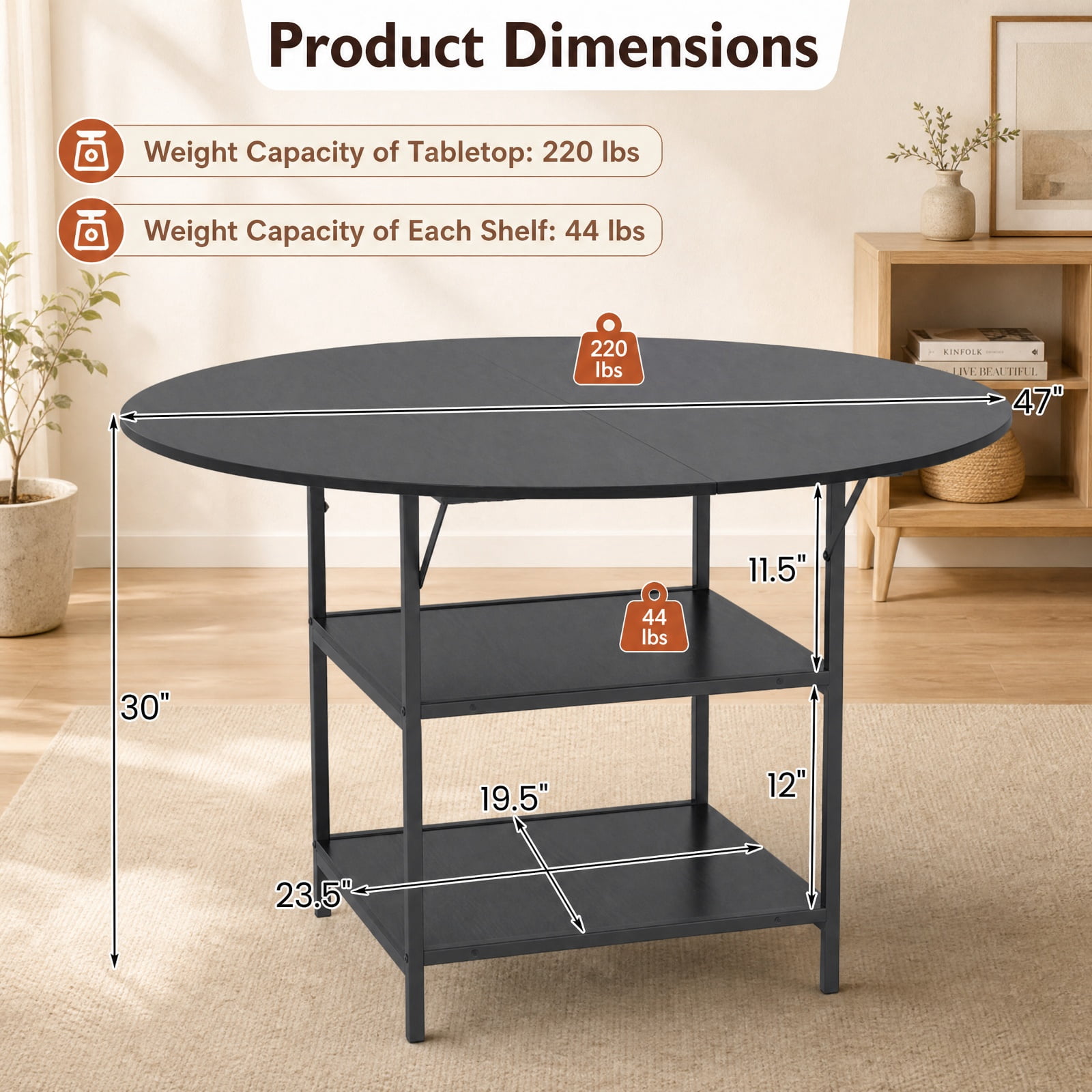 Furnibear 47 Inch Round Dining Table for 4 to 6 with 2 Tier Storage Shelves and Sturdy Metal Frame for Kitchen and Apartment, Black