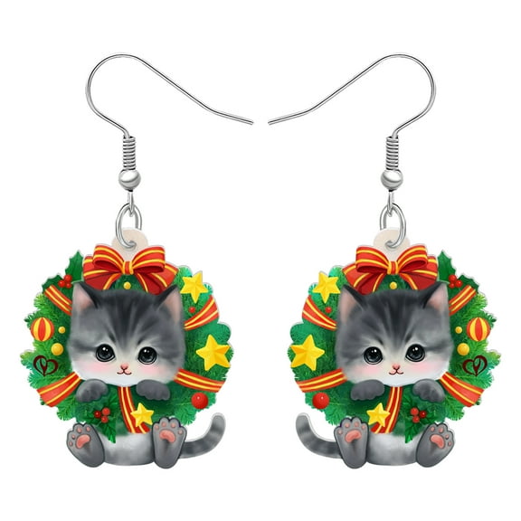 Acrylic Cute Christmas Garland Cat Earrings Wreath Pets Dangle Jewelry For Women Charm Holiday Gifts