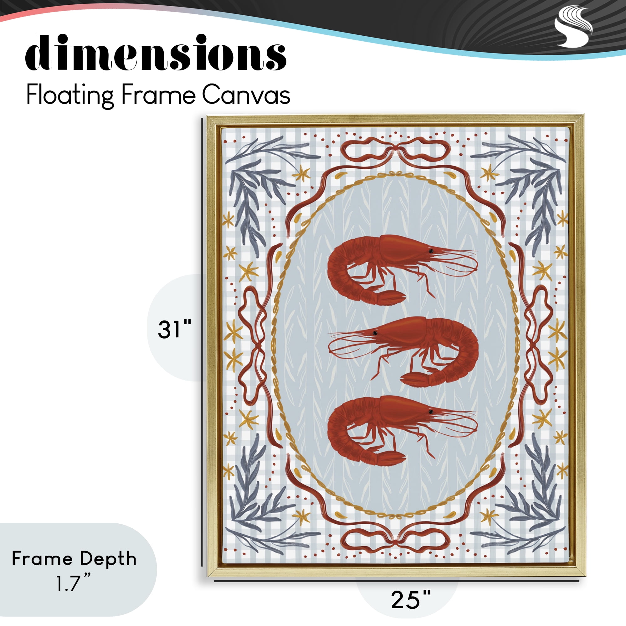 Stupell Industries Three Red Prawns on Gingham Gold Framed Floater Canvas Wall Art, design by Vero Illustrates