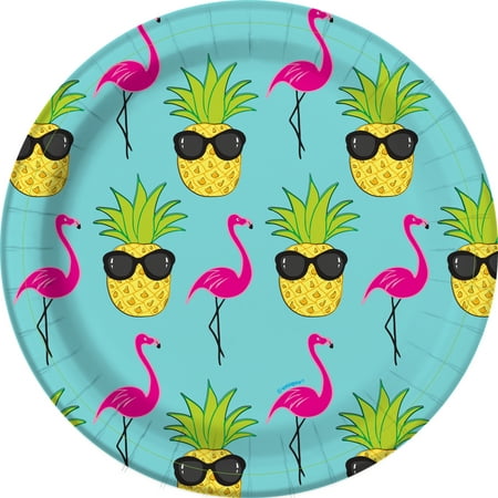 7 Pineapple  Flamingo Luau Paper Dessert Plates 10ct 