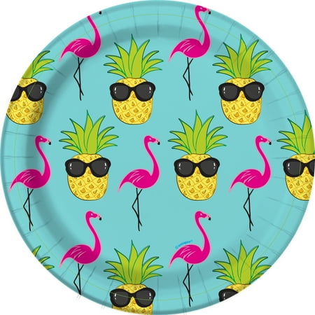 7" Pineapple Flamingo Luau Paper Dessert Plates, 10ct