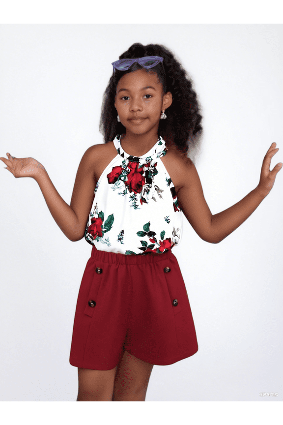 Kid Girls Clothes 8Y,9Y,10Y,11-12Y Big Girls Rose Print Halter Summer Sleeveless Tops Elastic Fashion Shorts 2Pcs Outfits 11-12 Years Red