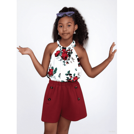 Mikrdoo Kid Girls Clothes 8Y 9Y 10Y 11-12Y Big Girls Rose Print Halter Summer Sleeveless Tops Elastic Fashion Shorts 2Pcs Outfits 10 Years Red