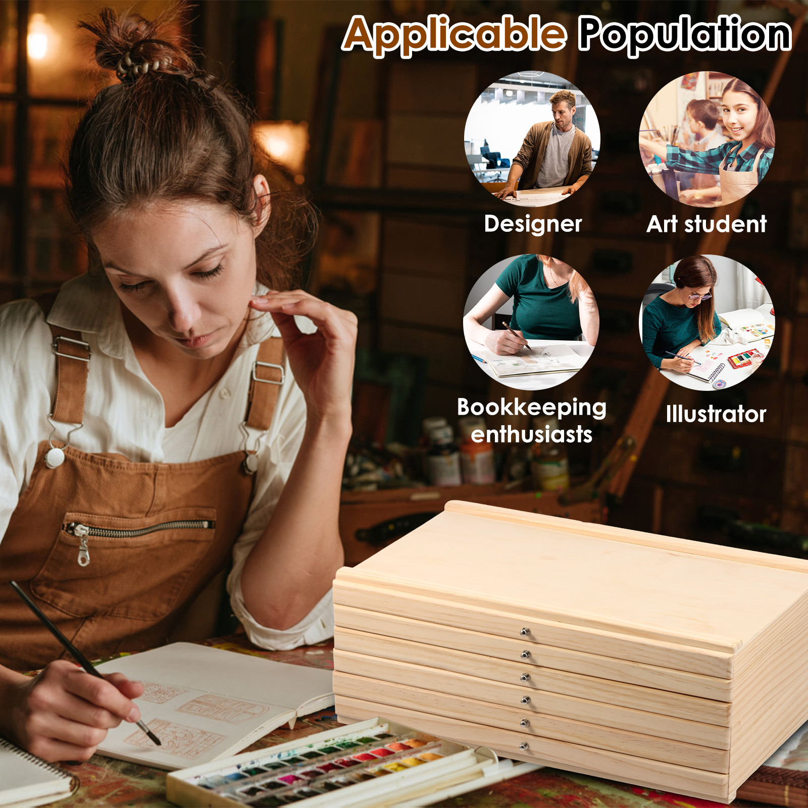 Threns 4/6 Drawer Wooden Artist Supply Storage Box Multifunction Wood Art Tool Paint Brush Organiser Box for Markers Pencils Pens