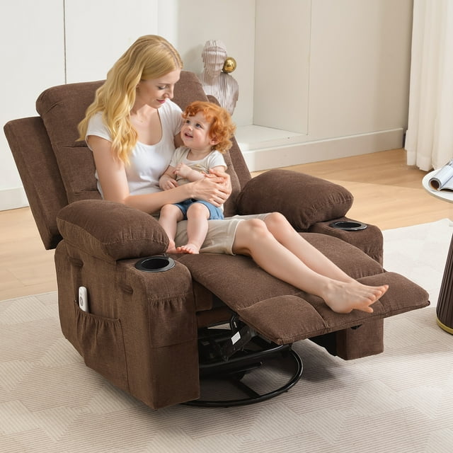Fauteuil Inclinable Pivotant Surdimensionné avec Massage et Chaleur, Berceuse à Bascule 360° avec Inclinaison Manuelle, Porte-Gobelets et Poches de Rangement, pour Salon, Chambre de Bébé, Brun Beige Gris
