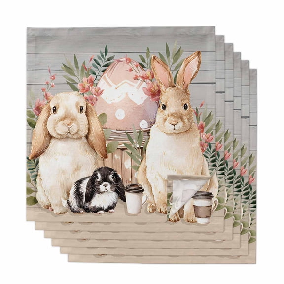 Easter Bunny Cloth Napkins, Eggs Green Leaves Country Farmhouse Wooden Washable and Reusable Dinner Napkins Set of 6, Table Napkin for Kitchen Party Birthday Wedding Hotel Housewarming 20"x20"