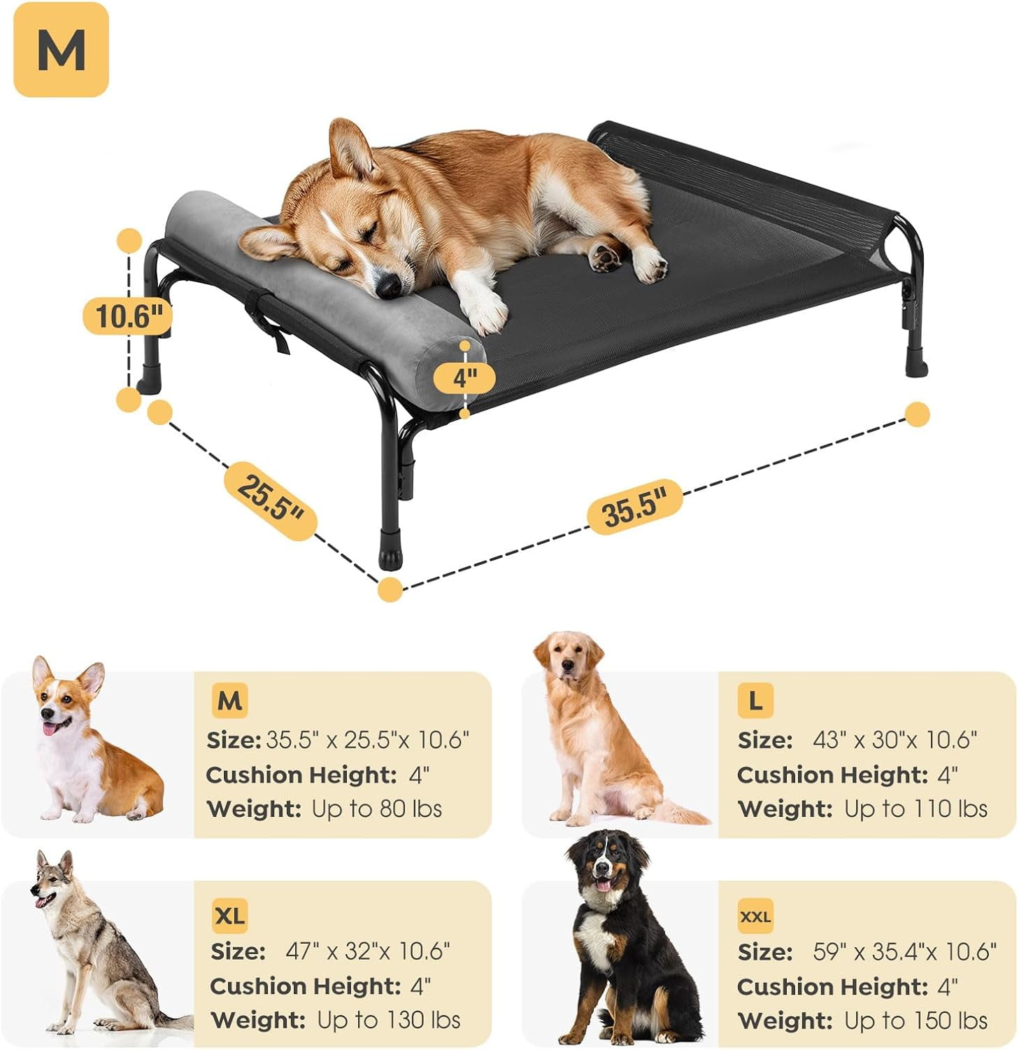 Medium Elevated Dog Bed, Raised Dog Cot Bed with One-Sided Removable Headrest Bolster, Outdoor Dog Bed for Small Medium Dogs, Dog Hammock Bed Off Ground, Breathable Anti-Slip, M