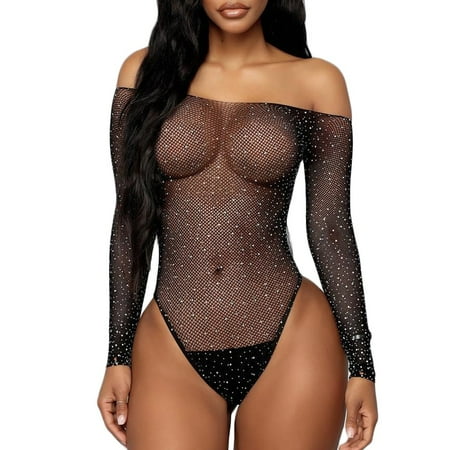 

Zerlibeaful Lingerie Bodysuit for Women New Black Lace Fishnet Rhinestone Off- Shouder Jumpsuit