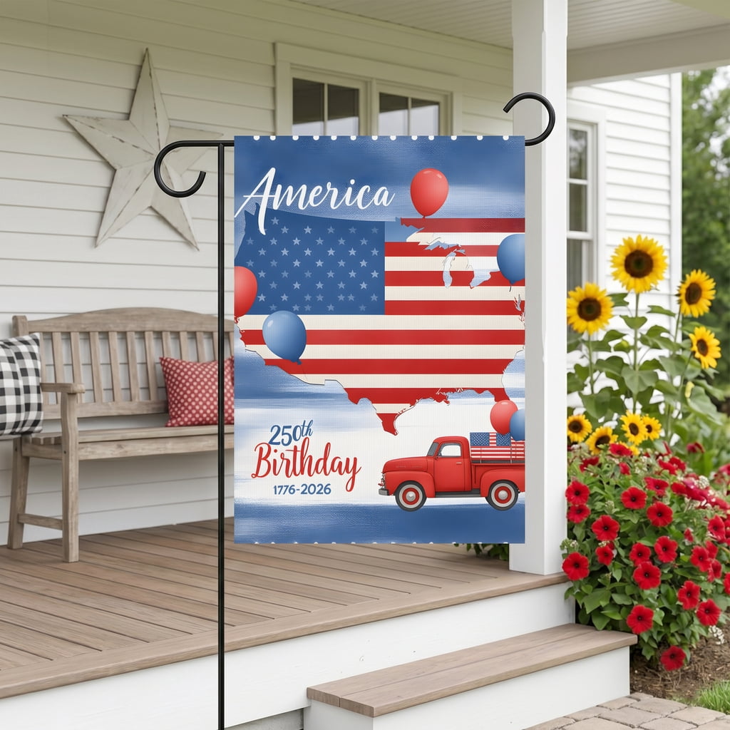Independence Day Garden Flag Red truck Map United States America 250th Birthday Celebration 1776-2026 28x40in House Flag USA Decor