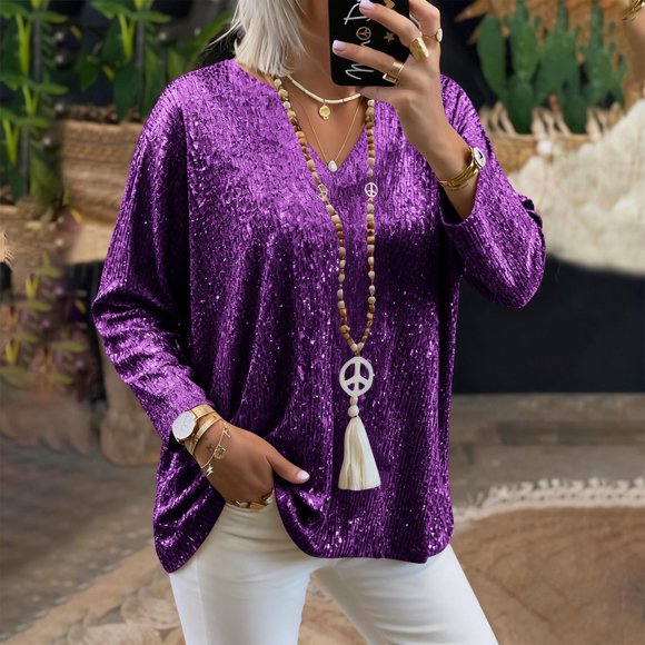 AUNVITO Women's Sparkly V-Neck Long Sleeve Blouse Loose Fit Plus Size Casual Glamorous Style
