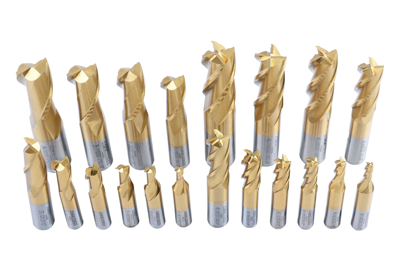 Accusize 20 Pc Hss Tin Coated End Mill Set, 2 Flute and 4 Flute, Cutting Diameter from 3/16'' up to 3/4'', 1810-0100