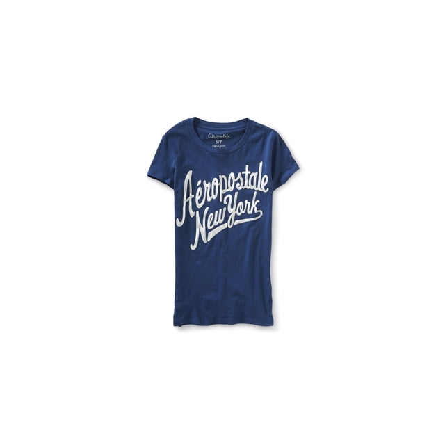 Aeropostale New York Script playera gráfica para mujer, azul, pequeña Aeropostale Camiseta gráfica