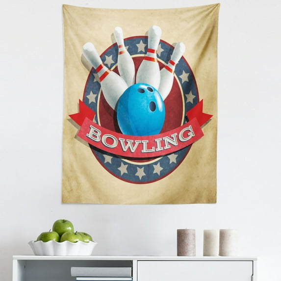 Bowling Party Tapestry, Old Fashioned Retro Circular Sport Emblem Stars Ribbon with Typography Design, Fabric Wall Hanging Decor for Bedroom Living Room Dorm, 5 Sizes, Multicolor, by Ambesonne
