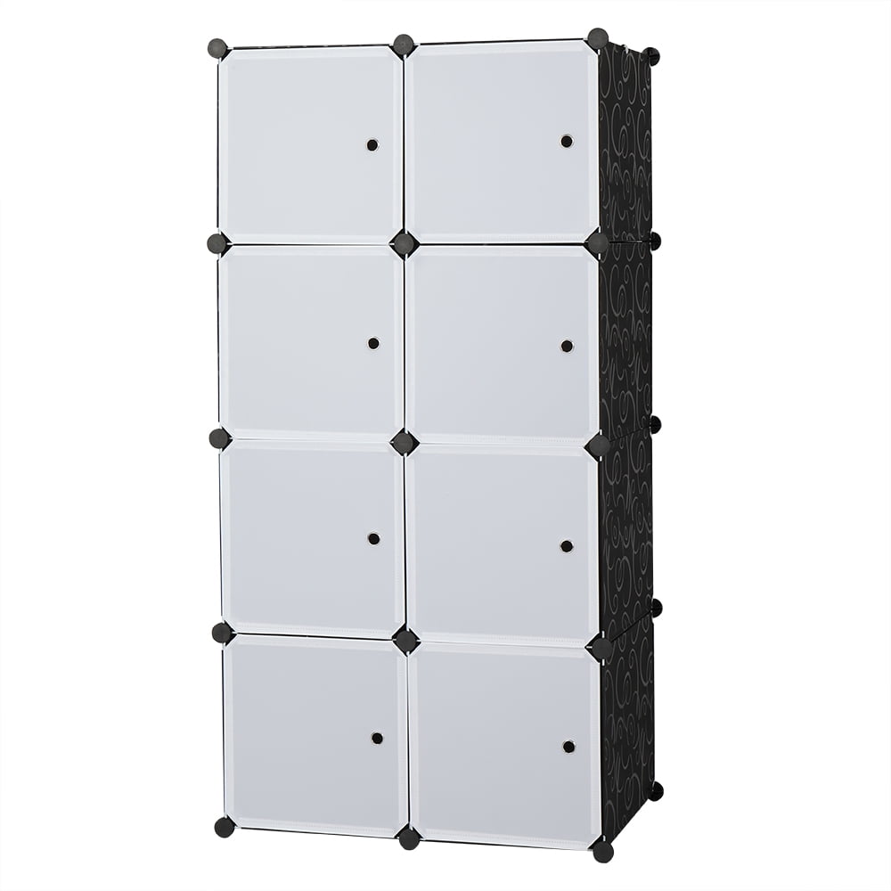 8 Cube Organizer Stackable Plastic Cube Storage Shelves Modular Closet Cabinet with Hanging Rod White Doors and Black Panels