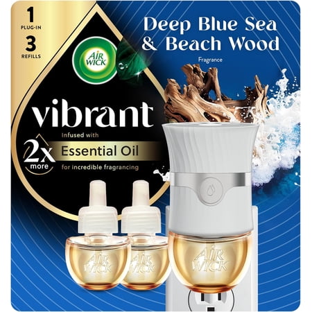 Vibrant Plug In Scented Oil Warmer + Refills, Infused with Essential Oils, Plug In Air Fresheners for Home, Deep Blue Sea & Beach Wood, Gadget + 3 ct