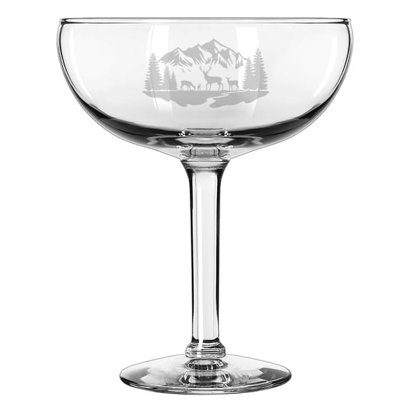 15 oz Coupe Cocktail Glass Gift Champagne Martini Margarita Cute Deer Mountain Forest River Scene