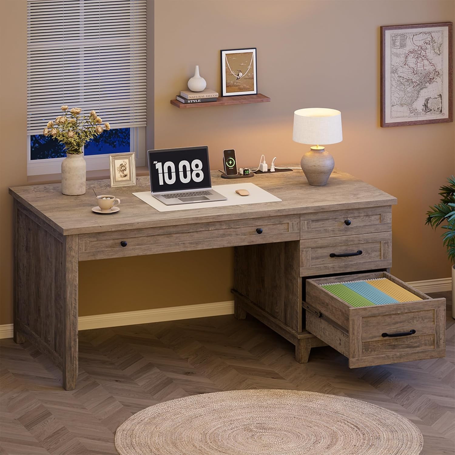 Garvee 53.5" Farmhouse Office Desk with Charging Station - Wooden Executive Computer Desk with File Drawer & USB Ports - Large Home Office Workspace-Gray
