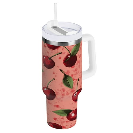 

30oz Travel Mug with Straw Car Bottle Insulated Mug with Handle Reusable Stainless Steel Water Bottle for Car Travel Home Hand Drawn Cherry