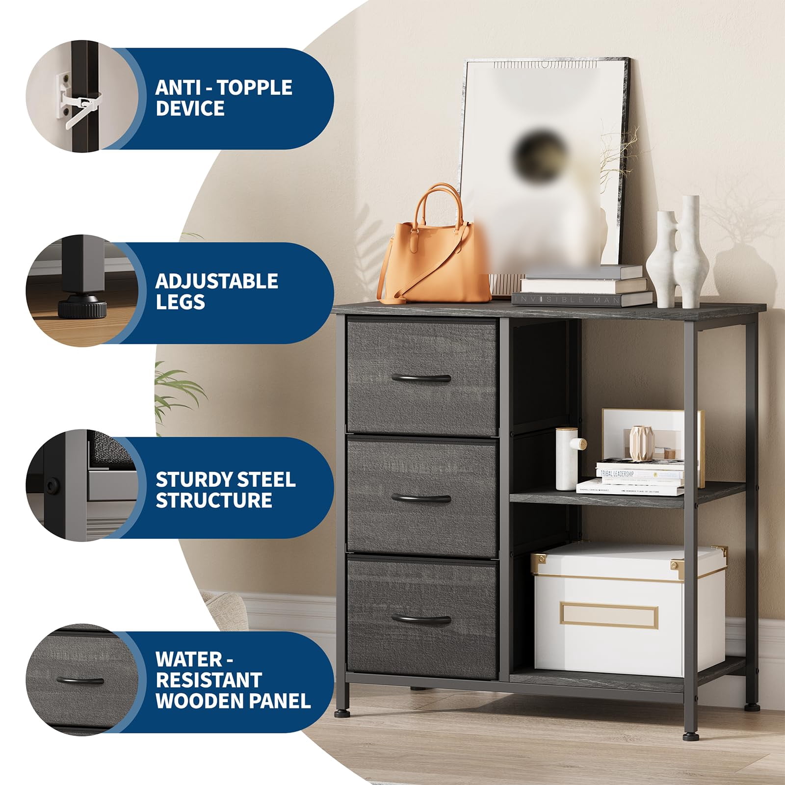 Modern 3 Drawer Fabric File Cabinet with Open Storage Shelves – Under Desk Organizer, Printer Stand, Robust Steel Frame, Multi-Functional Storage Solution for Home Office – Black