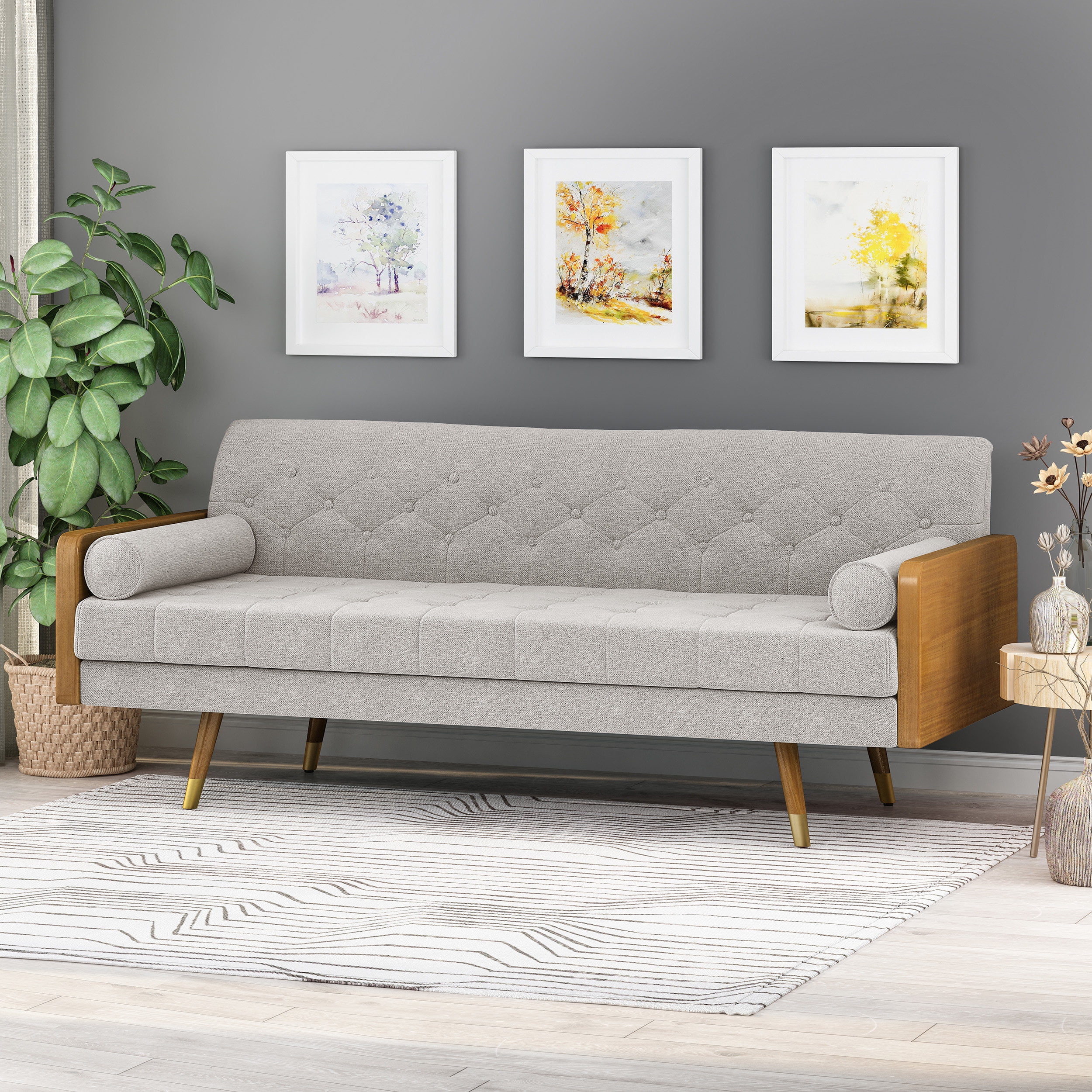 Noble House Orlando Mid Century Modern Tufted Fabric Sofa, Beige