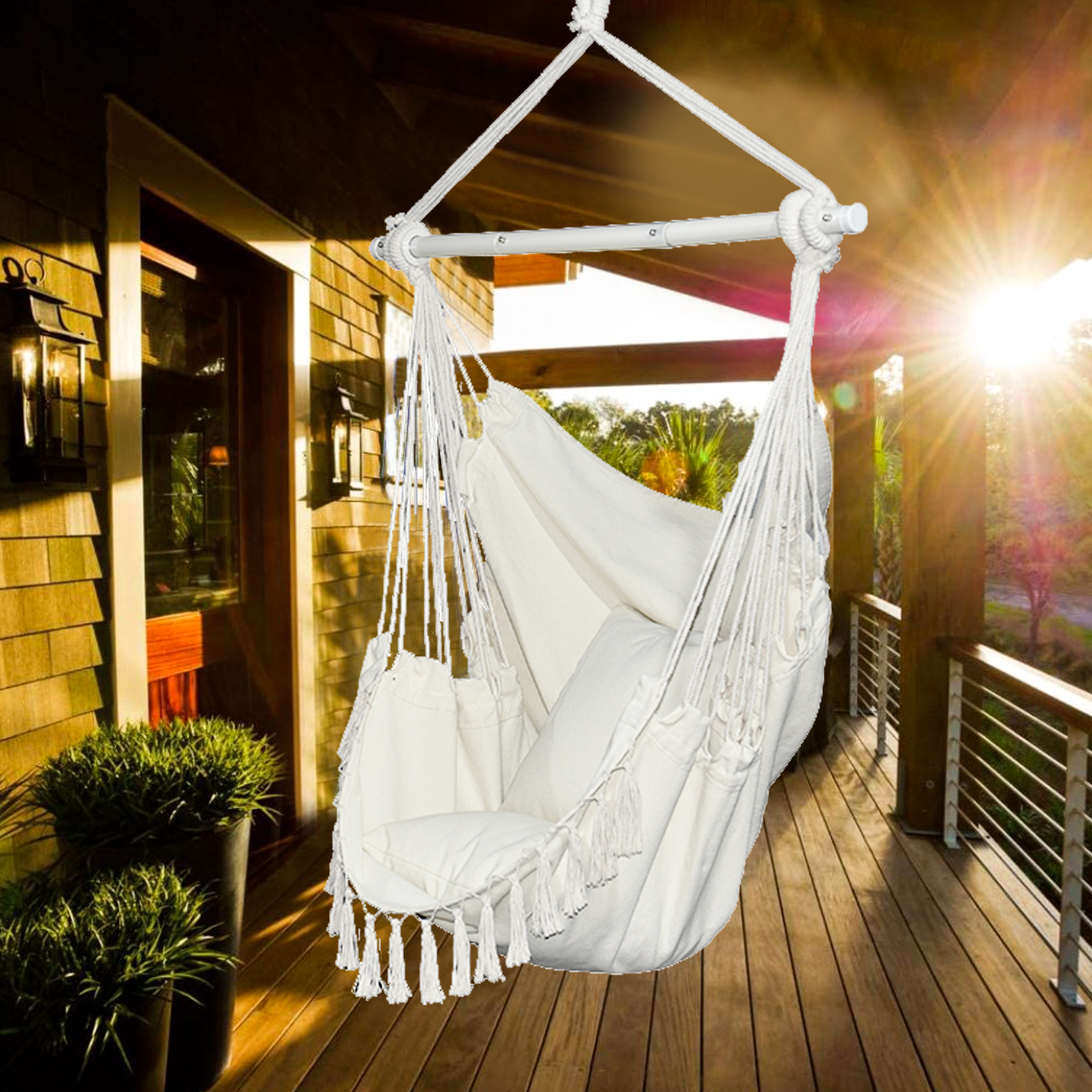 Hammock Chair Hanging Rope Swing, Hammock Chair Swing with Detachable Support Bar, 2 Seat Cushions & Carry Bag, Hanging Swing Chair for Home Bedroom Patio Deck Yard Garden, Support up 330 lbs, B021 - image 1 of 10