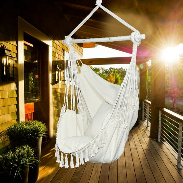 Hammock Chair Hanging Rope Swing, Hammock Chair Swing with Detachable Support Bar, 2 Seat Cushions & Carry Bag, Hanging Swing Chair for Home Bedroom Patio Deck Yard Garden, Support up 330 lbs, B021