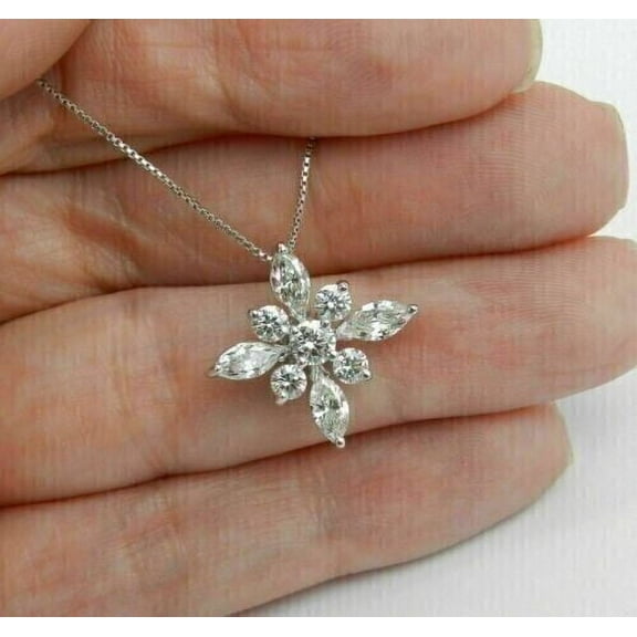2Ct Marquise Cut Lab Created Diamond Women's Flower Pendant 14K White Gold Plated 18" Chain