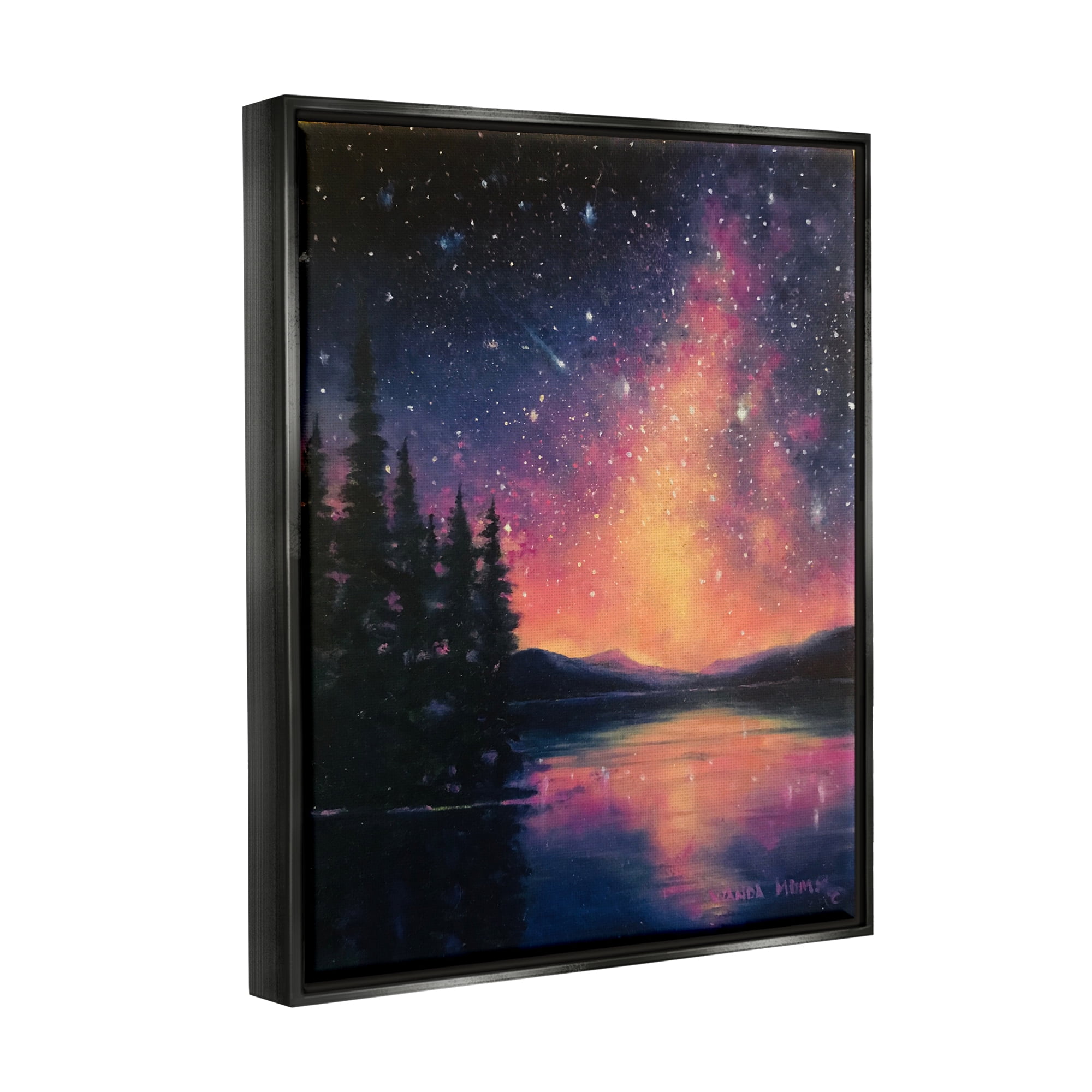 Stupell Industries Starry Night Over Lake Nature Painting Black Floater Framed Art Print Wall Art, 17 x 21