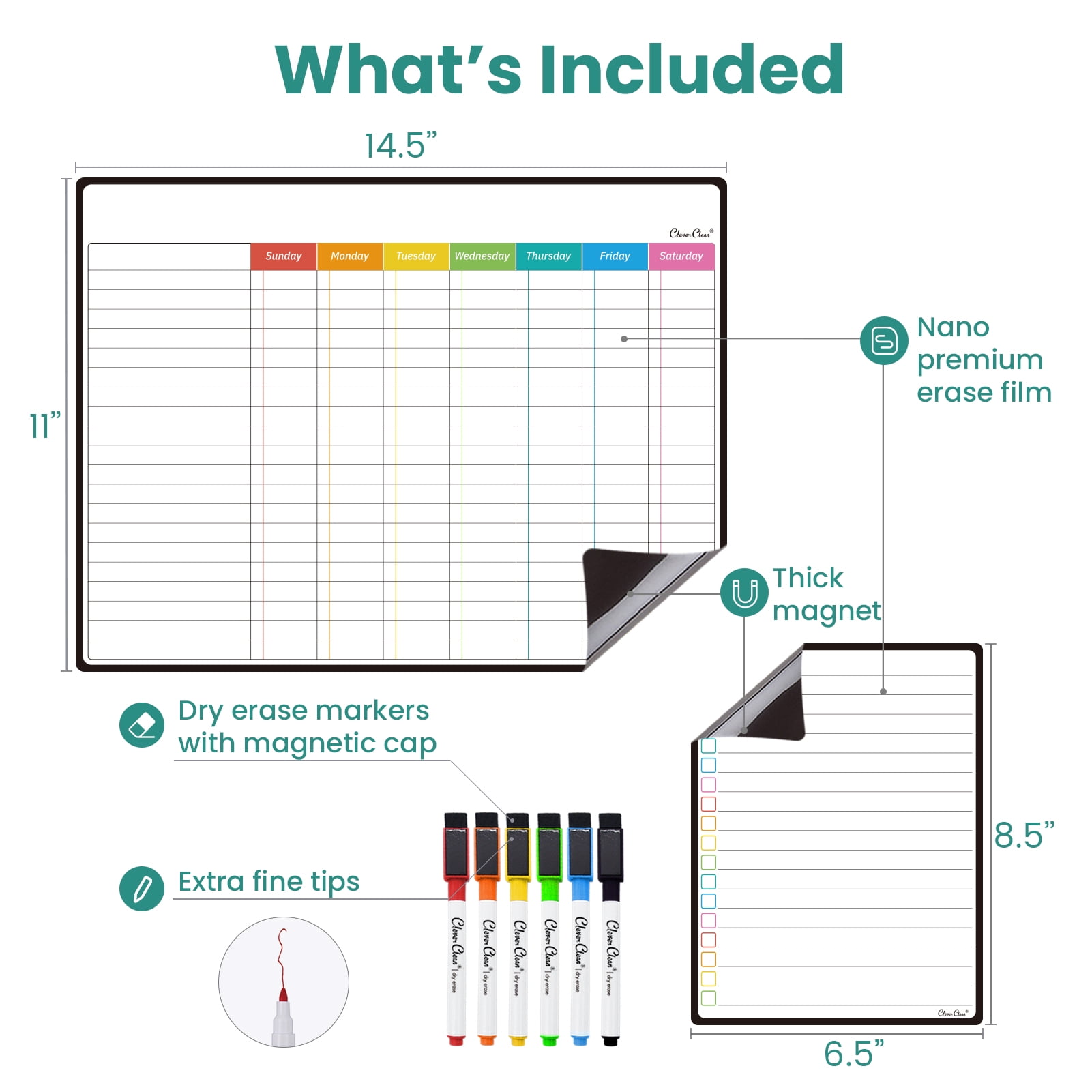 Clever Clean Magnetic Dry Erase Chore Chart Board with 6 Extra Fine Point Markers, 2 Count Chore Chart & Notes Board
