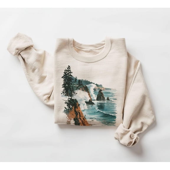 Retro Oregon Coast Winter Cliffs & Waves Sweatshirt - Nineties 90s Vintage Vacation Crewneck Sea Coastline - Sizes S-5XL ,Art Print JSC