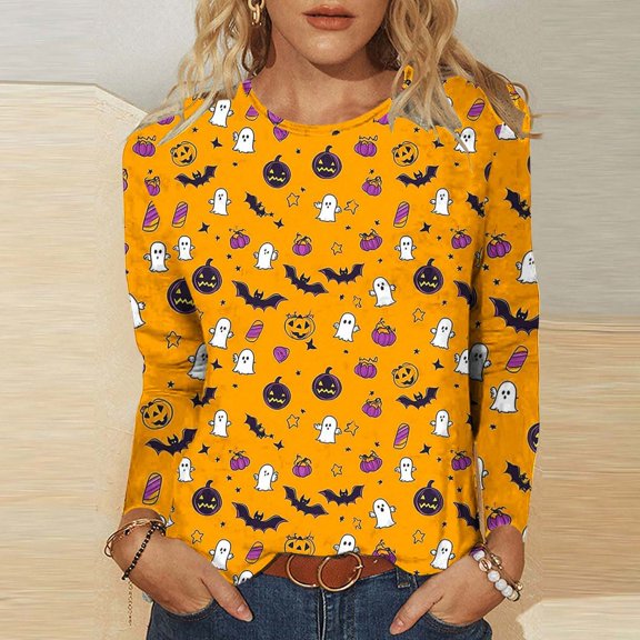 Yxbdin Plus Size Halloween Shirts for Women Graphic Long Sleeve Shirts Trendy Ghost Pumpkin Print Tshirts Lightweight Loose Fit Fall Tops