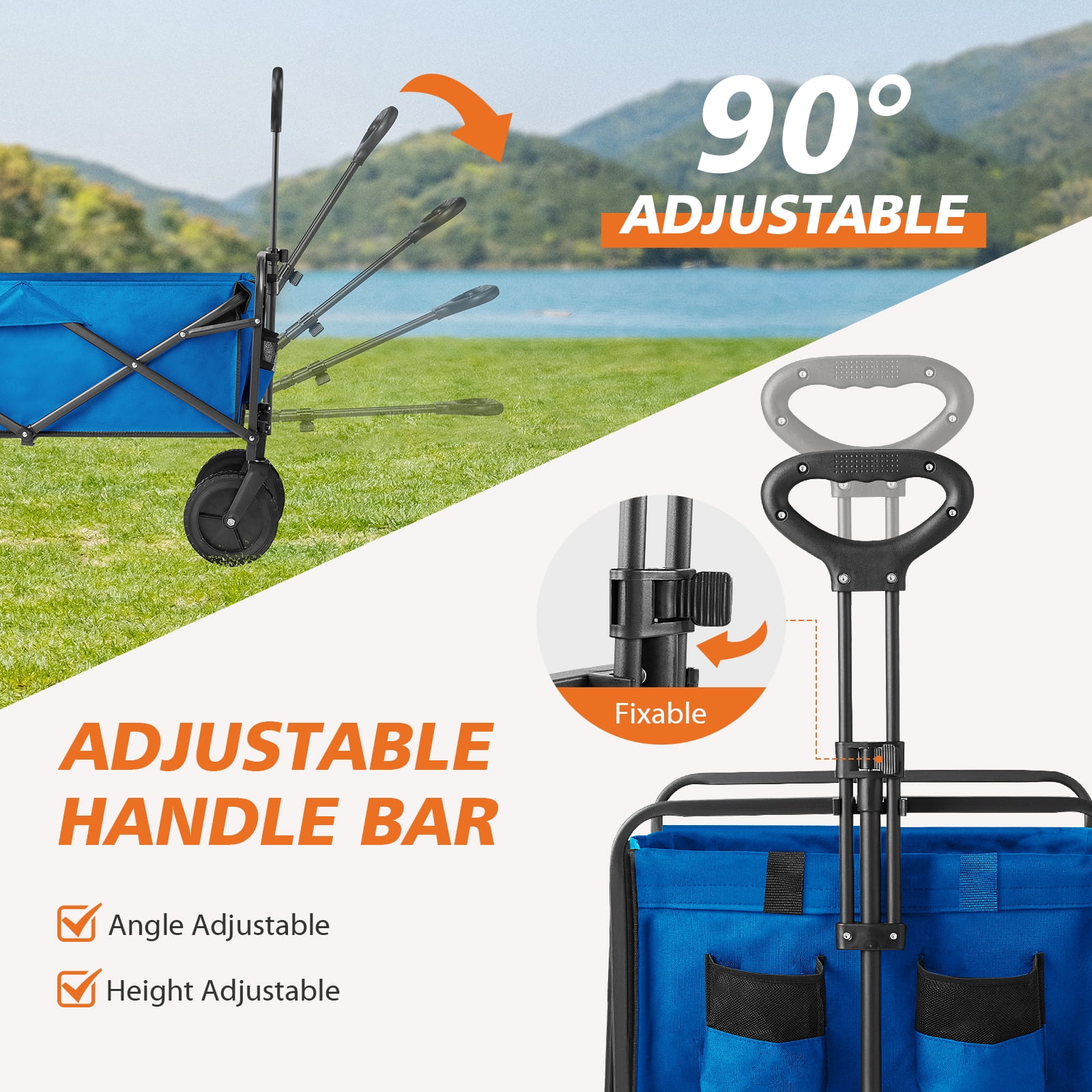 CONCETTA Foldable Blue Utility Cart with Drink Holders, Large Capacity, 29"x18.5"x26.5"
