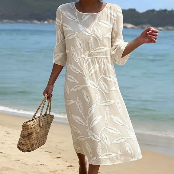 Ayolanni Crew Neck Fall Dresses for Women Floral 3/4 Sleeve A-Line Maxi Dress Pleated Beach Boho Flowy Long Dress Beige L