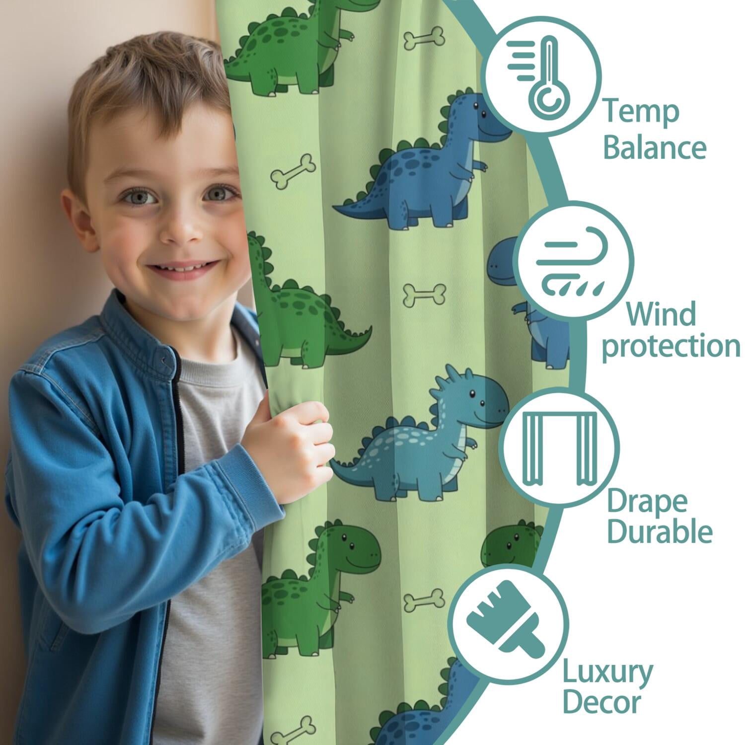 Blackout Kids Curtains,Green Dinosaurs Bones Pattern Childrens Insulated Curtains Set Of 2,Bedroom Essentials,Toddler Room Decor 42"x63"