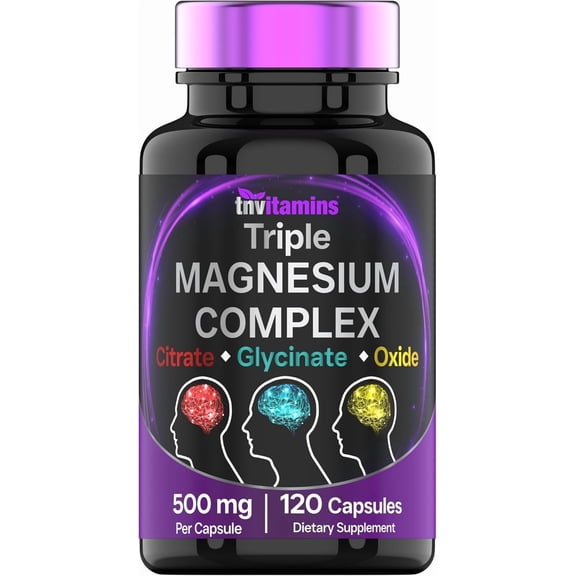 TNVitamins Triple Magnesium Complex 500 Mg Dietary Supplements with Glycinate, Citrate & Oxide for Muscle Nerve Heart Support Capsules, 120 Count