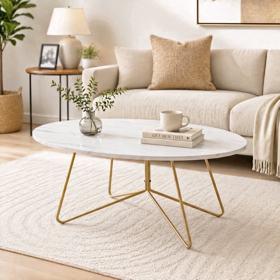 Oval White Marble Top Accent Coffee Table, Gold Finish Hairpin Metal Leg Modern Home Table