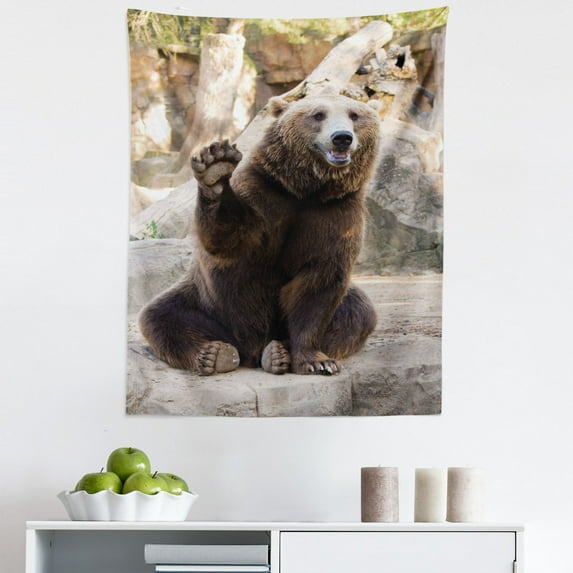 Bear Tapestry, Friendly Animal Sitting and Waving a Paw in the Zoo Funny Wild Mammal Gesture, Fabric Wall Hanging Decor for Bedroom Living Room Dorm, 5 Sizes, Brown Beige, by Ambesonne